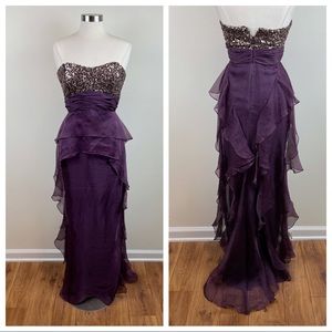 Badgley Mischka Silk Purple Gold Sequin Mermaid Dress Gown Women Size 8